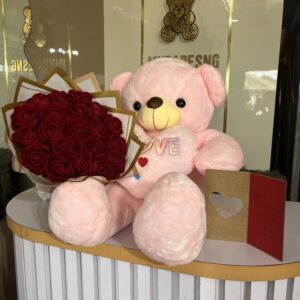 VAL1: 85cm pink teddy, 20 faux roses and a card